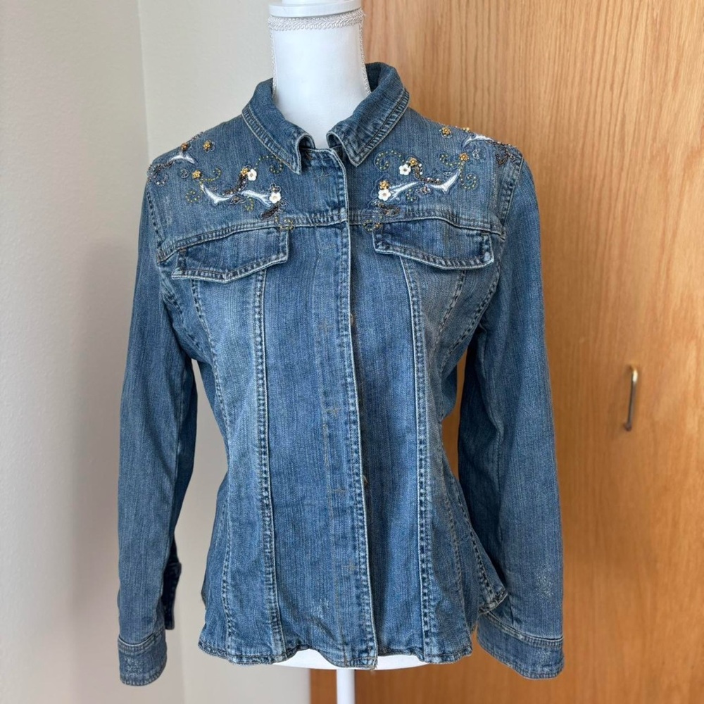 Brandon Thomas Blue Denim Jacket with Floral Beading